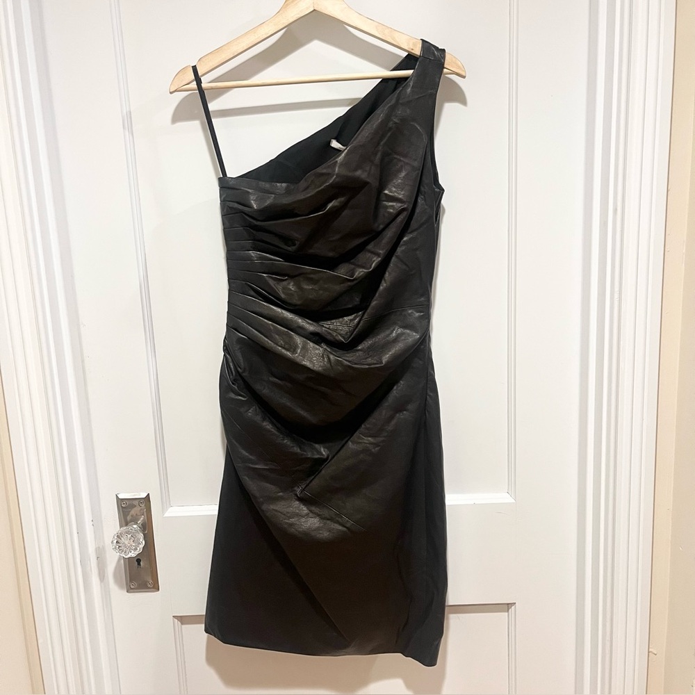 NWT Diane von Furstenberg Lavanda Dress 2 Black Leather Ruched One Shoulder